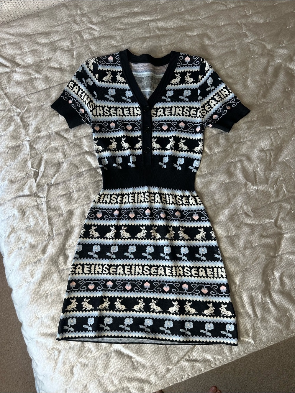 Black Patterned Short-Sleeve Knit Mini Dress with Pink & Ivory Accents ElfSack
